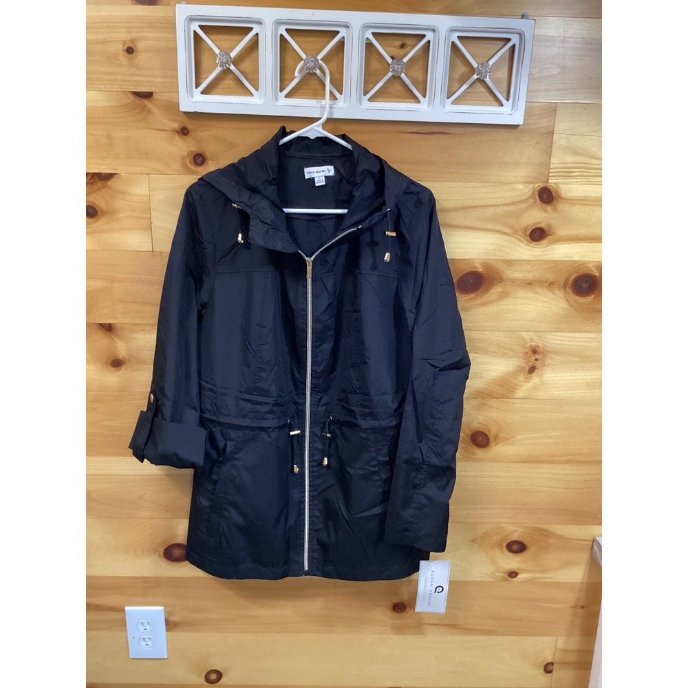 Susan Graver Womens Black Hooded Windbreaker Jacket Gold Hardware Large A287942